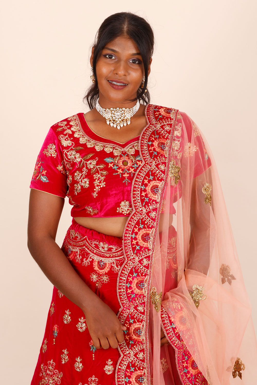 Red Shot Pink Net Silk Embroidered Lehenga 10066162