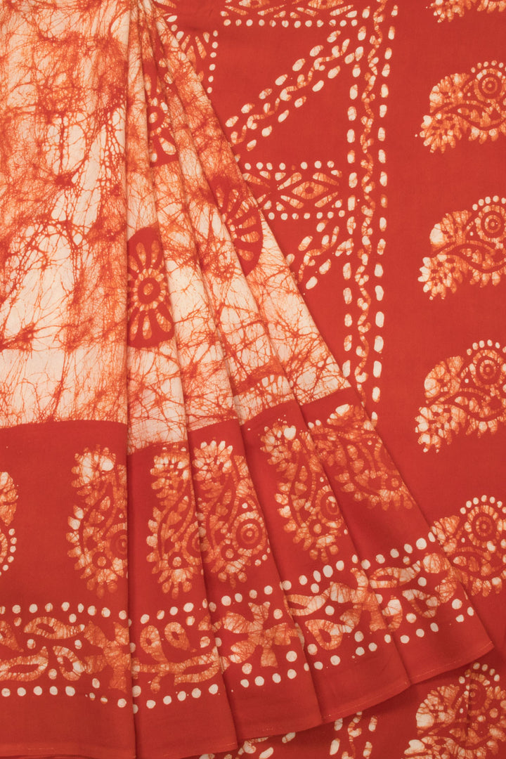 Rust Orange Batik Printed Muslin Silk saree - Avishya