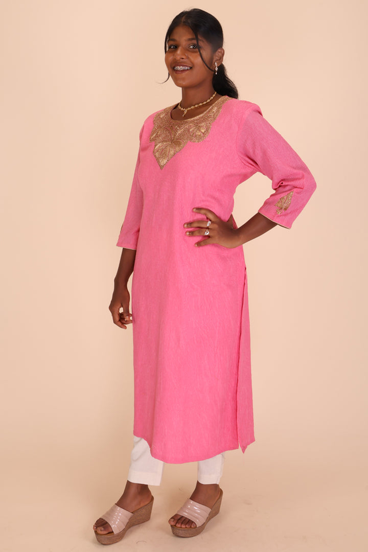 Pink Tilla Embroidered Tussar Cotton Kurta 10066284