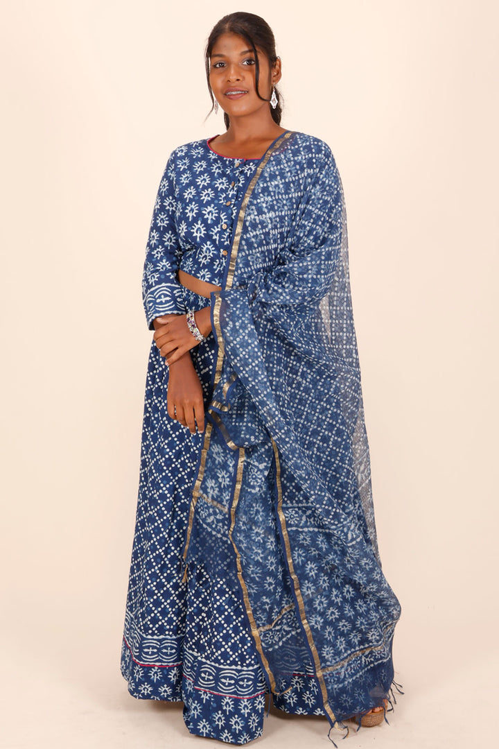 Indigo Blue Hand Block Printed Chaniya Choli With Kota Doria Dupatta 10066316