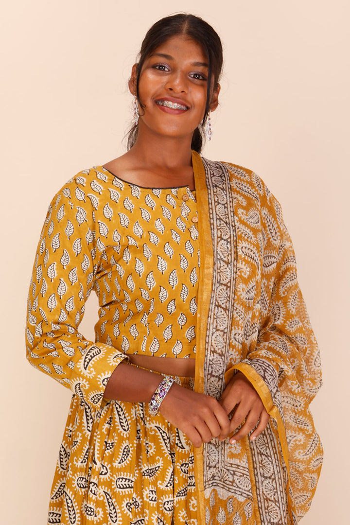 Mustard Yellow Hand Block Printed Chaniya Choli With Kota Doria Dupatta 10066332