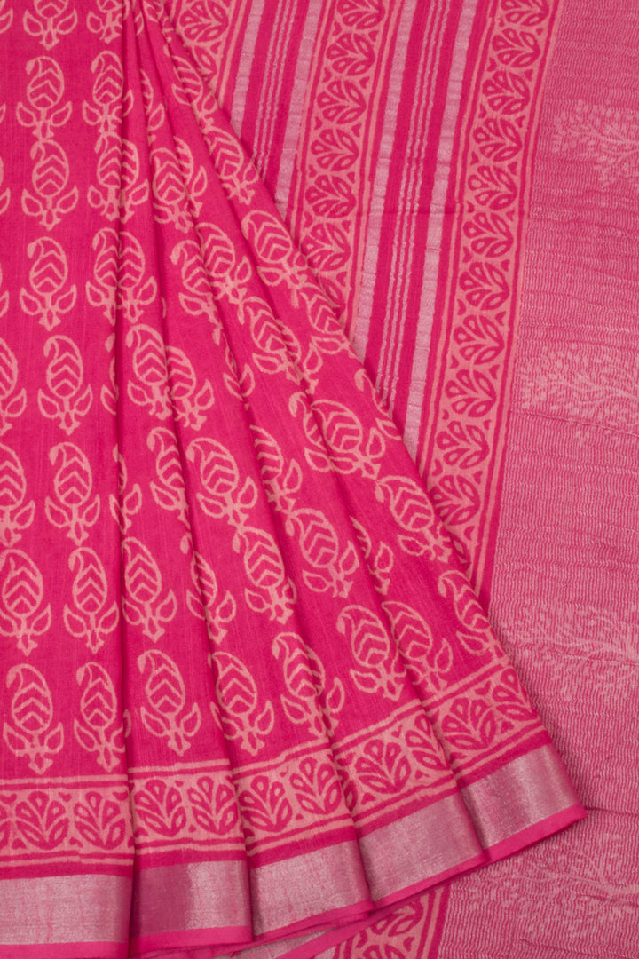 Pink Hand Block Printed Linen Saree - Avishya