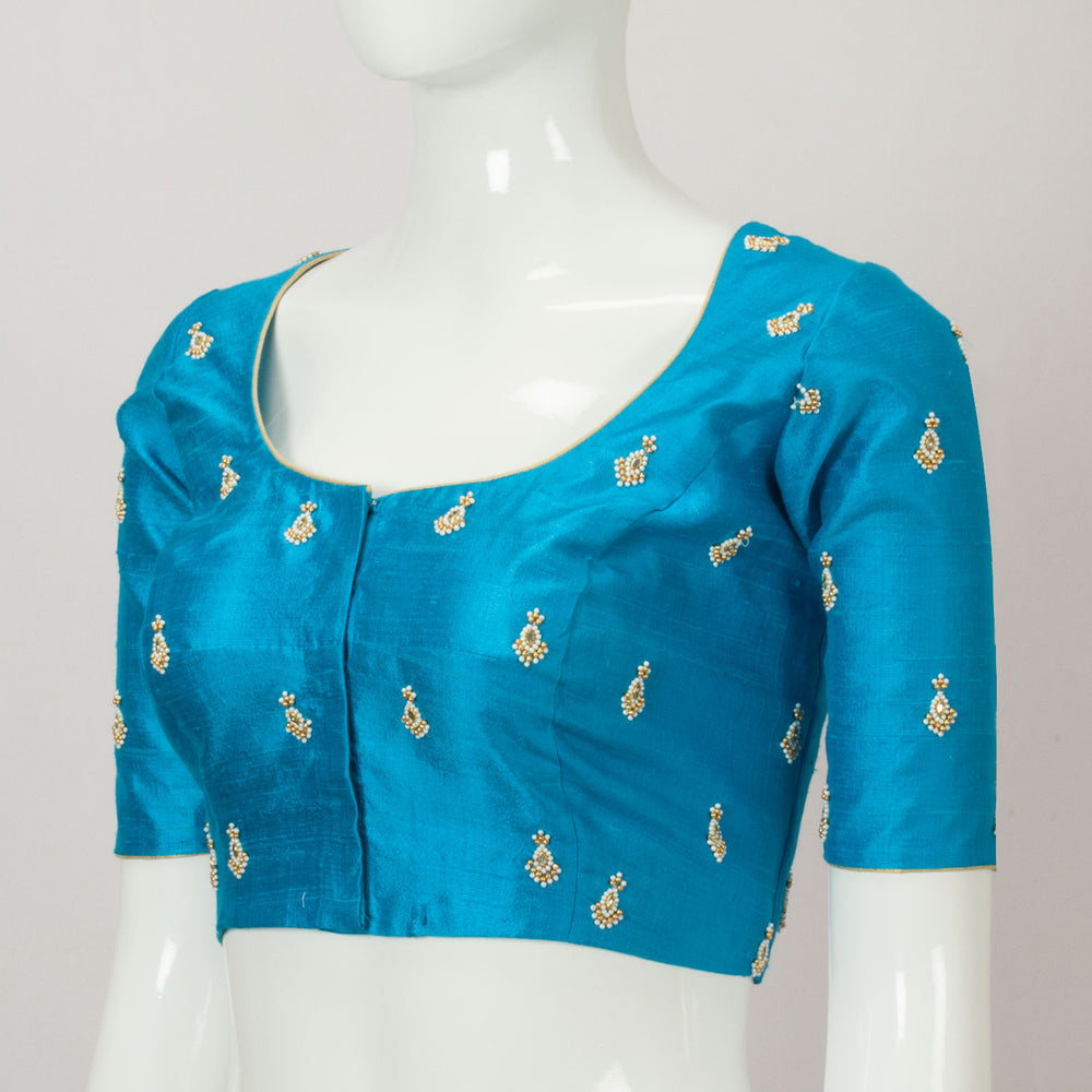 Blue Aari Embroidered Raw Silk Blouse - Avishya