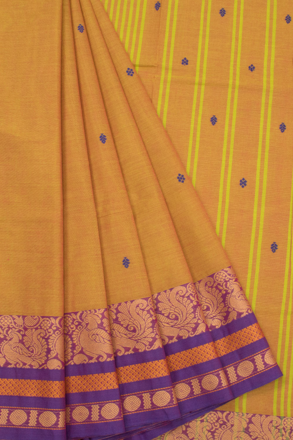 Hunyadi yellow Handwoven Kanchi Cotton Saree-Avishya