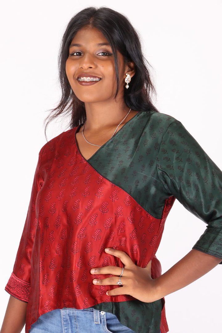 Maroon and Green Handcrafted Bagh Printed Modal Short Top 