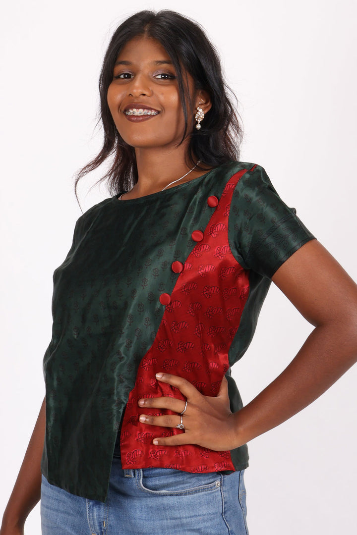 Green and Maroon Handcrafted Bagh Printed Modal Short Top