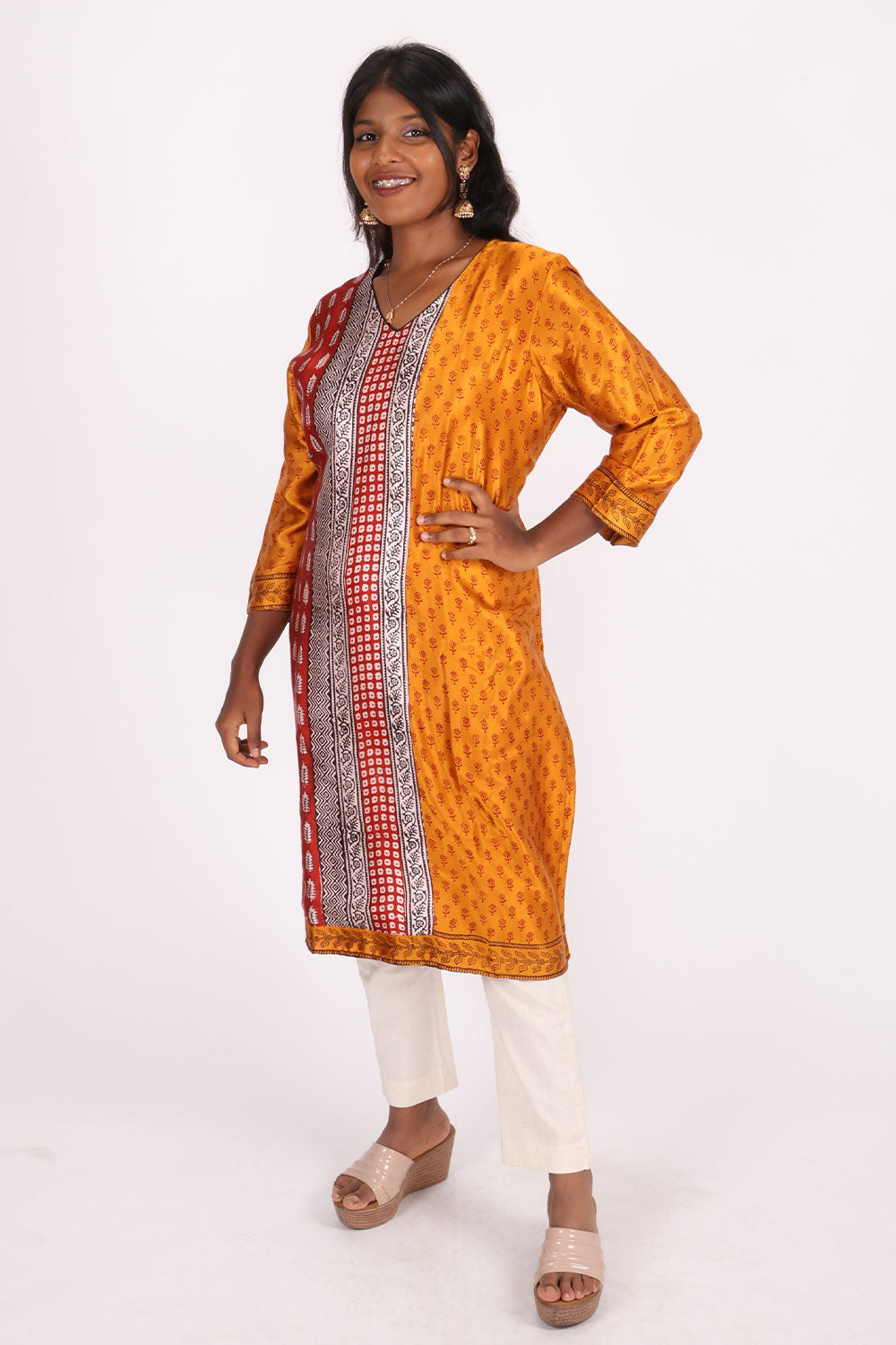 Yellow Handcrafted Bagh Printed Modal Silk Kurta