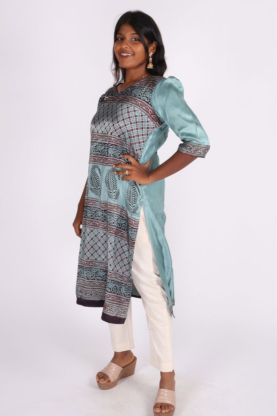 Blue Handcrafted Bagh Printed Modal Silk Kurta