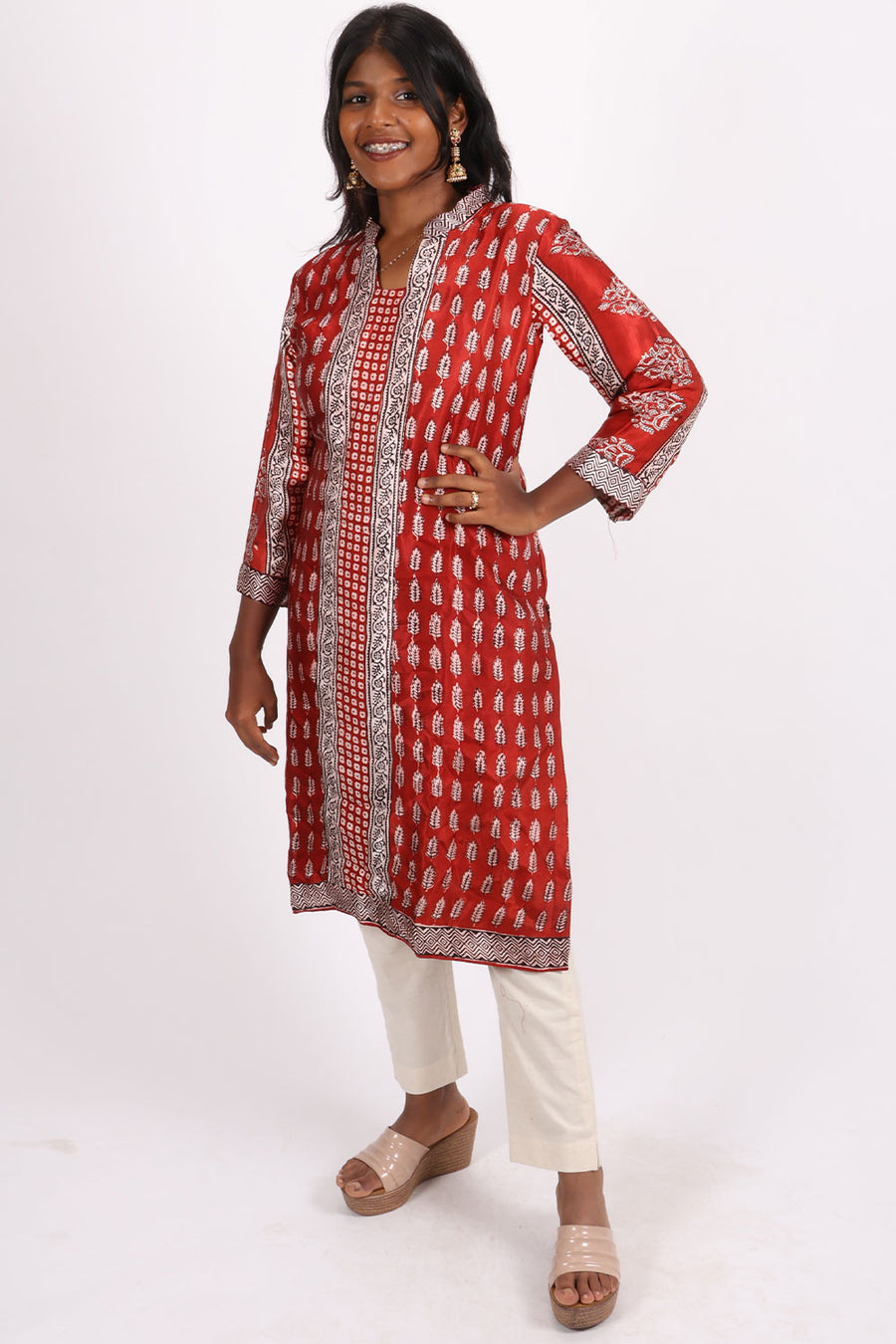 Red Handcrafted Bagh Printed Modal Silk Kurta