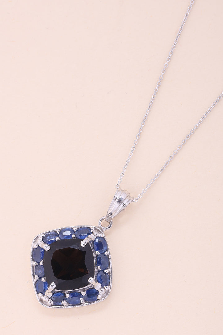 Smoky Topaz & Blue Sapphire Silver Necklace Pendant Chain -Avishya