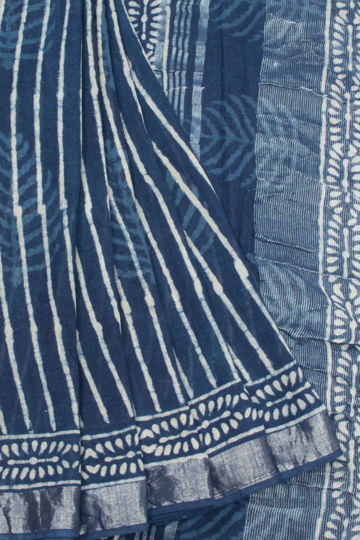 Space Blue Hand Block Printed linen saree-Avishya