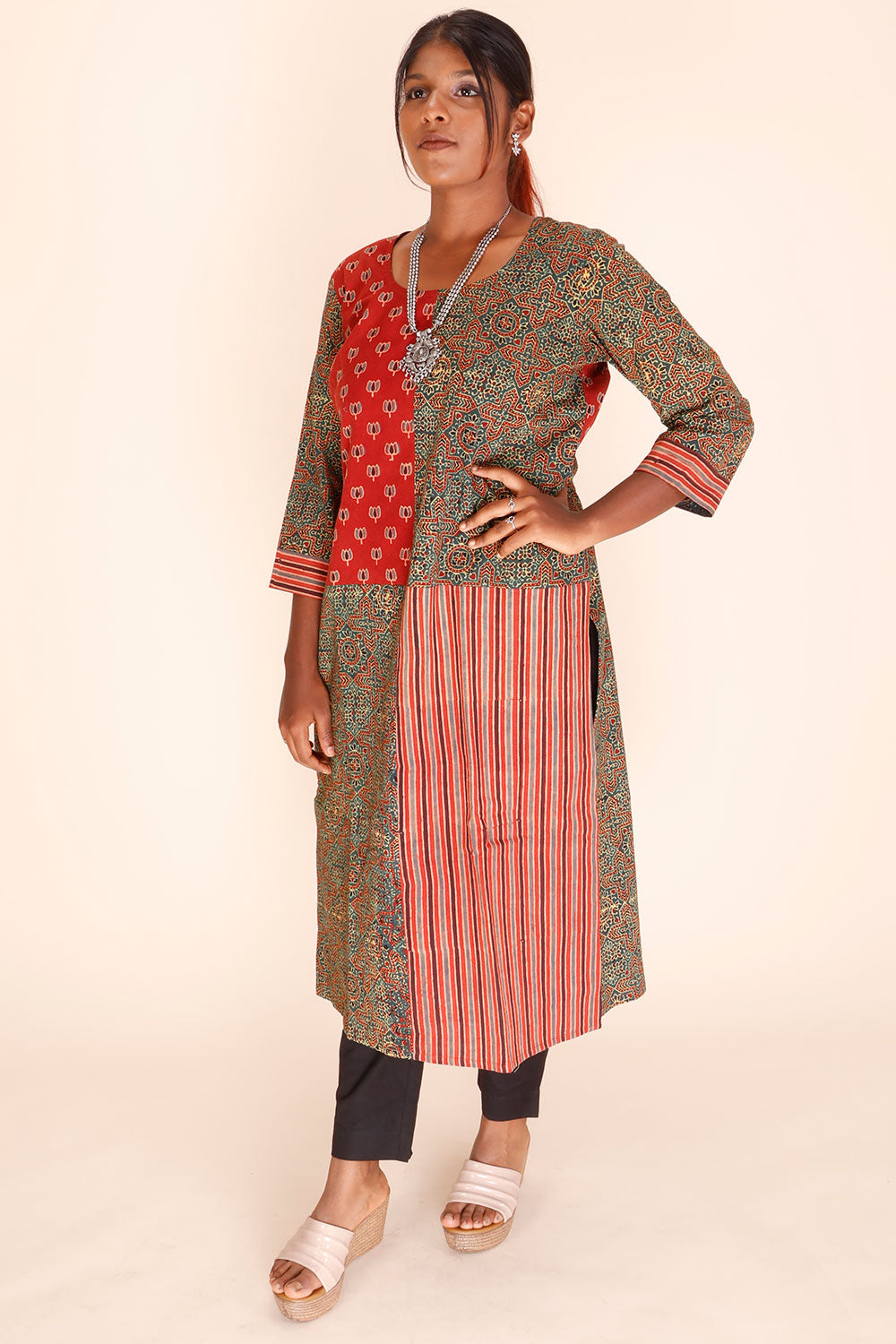 Patch Work Ajrakh Printed Cotton Kurta 10067393