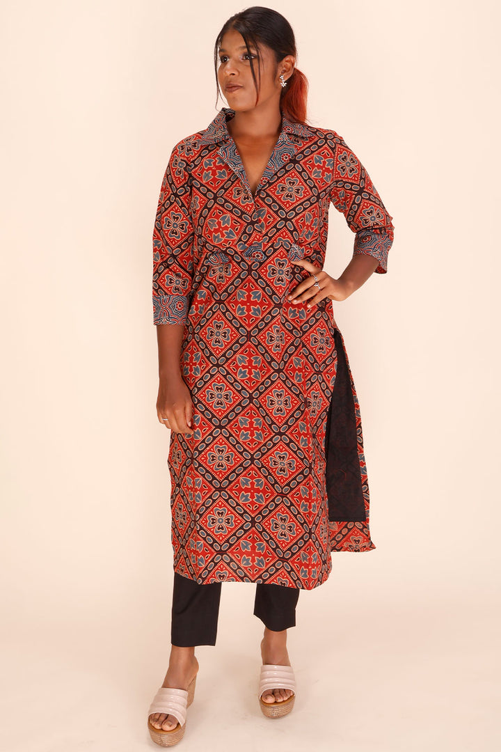 Red Ajrakh Printed Cotton Kurta 10067394