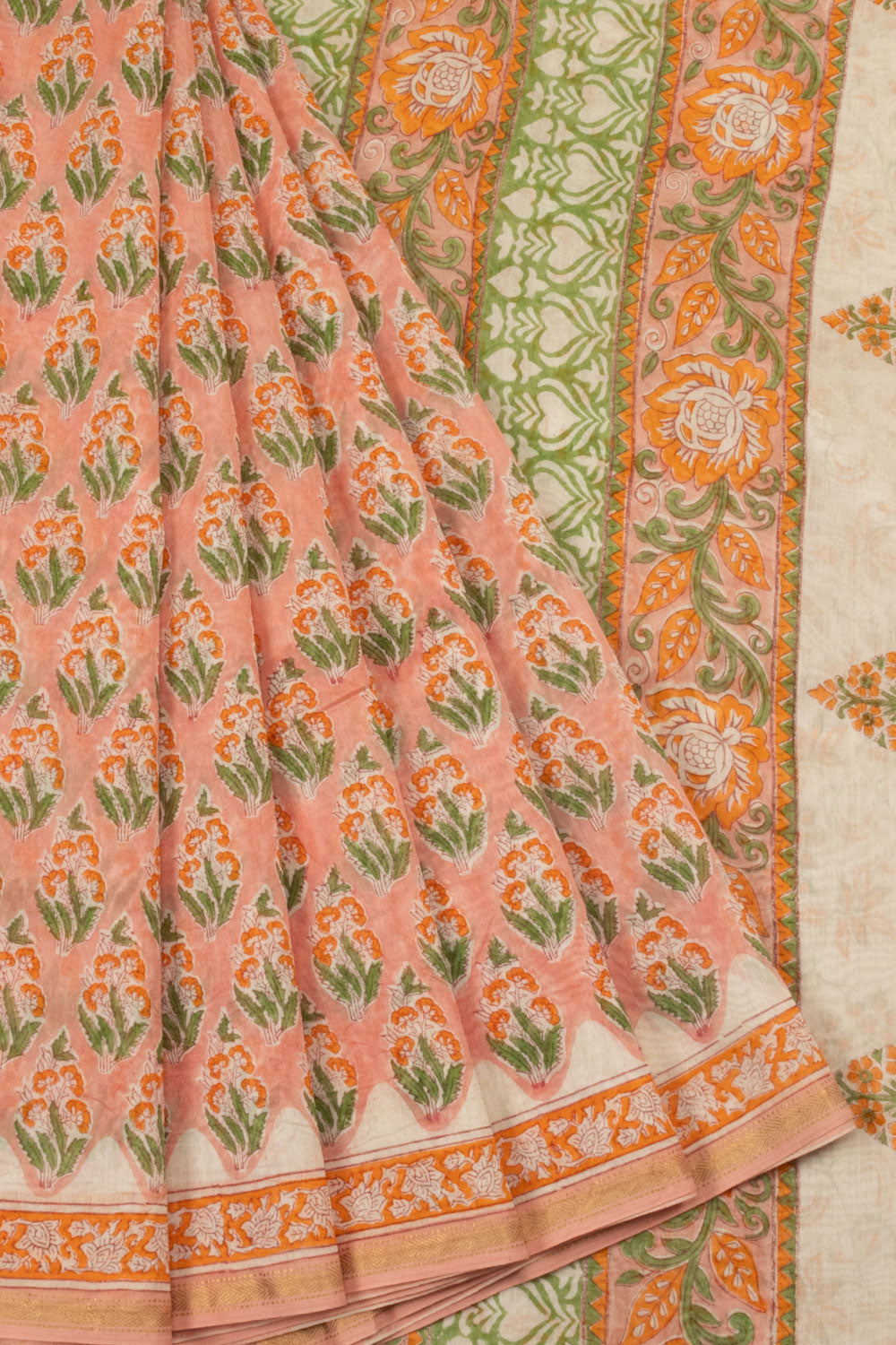 Peach Vanaspathi Hand block Printed Silk Cotton Saree - Avishya