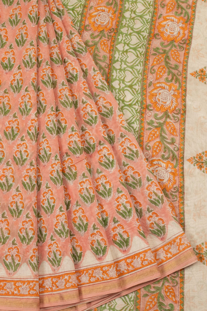 Peach Vanaspathi Hand block Printed Silk Cotton Saree - Avishya