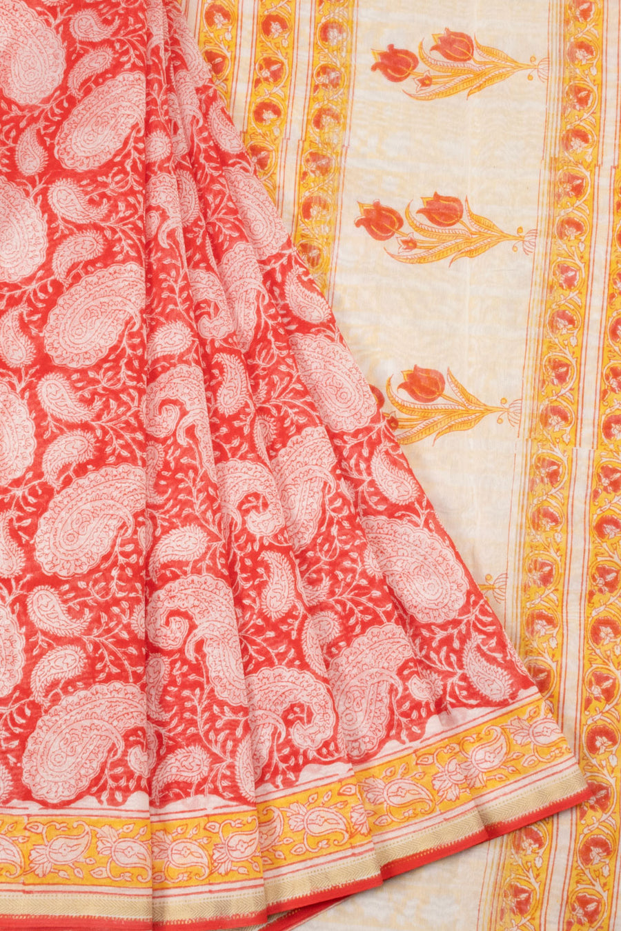 Red Vanaspathi Hand block Printed Silk Cotton Saree - Avishya