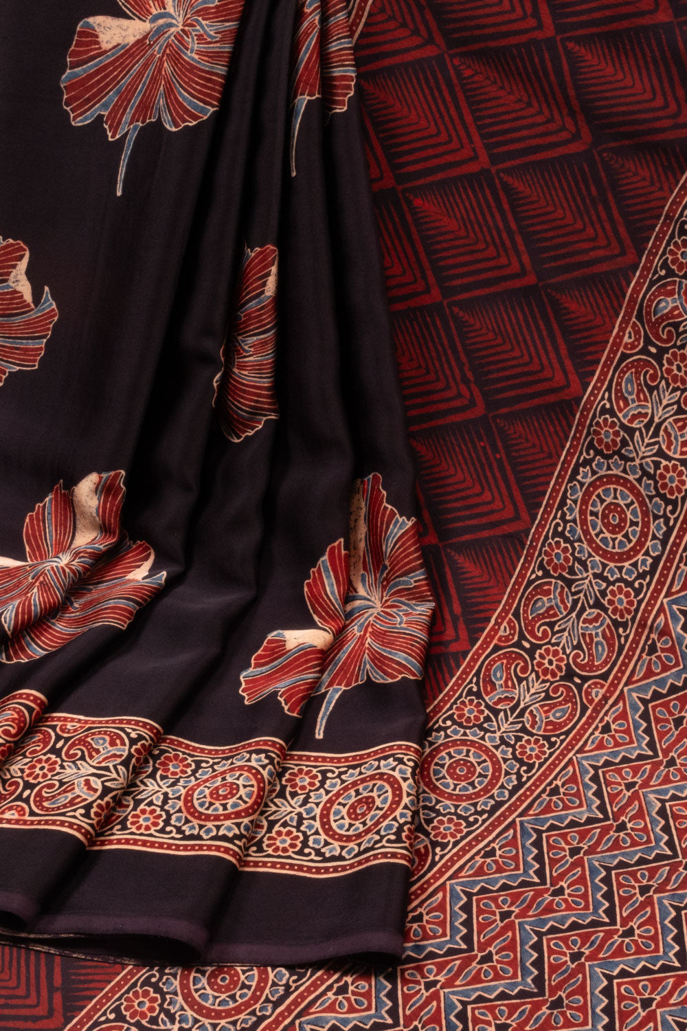 Black Ajrakh Printed Modal Silk Saree 10067507
