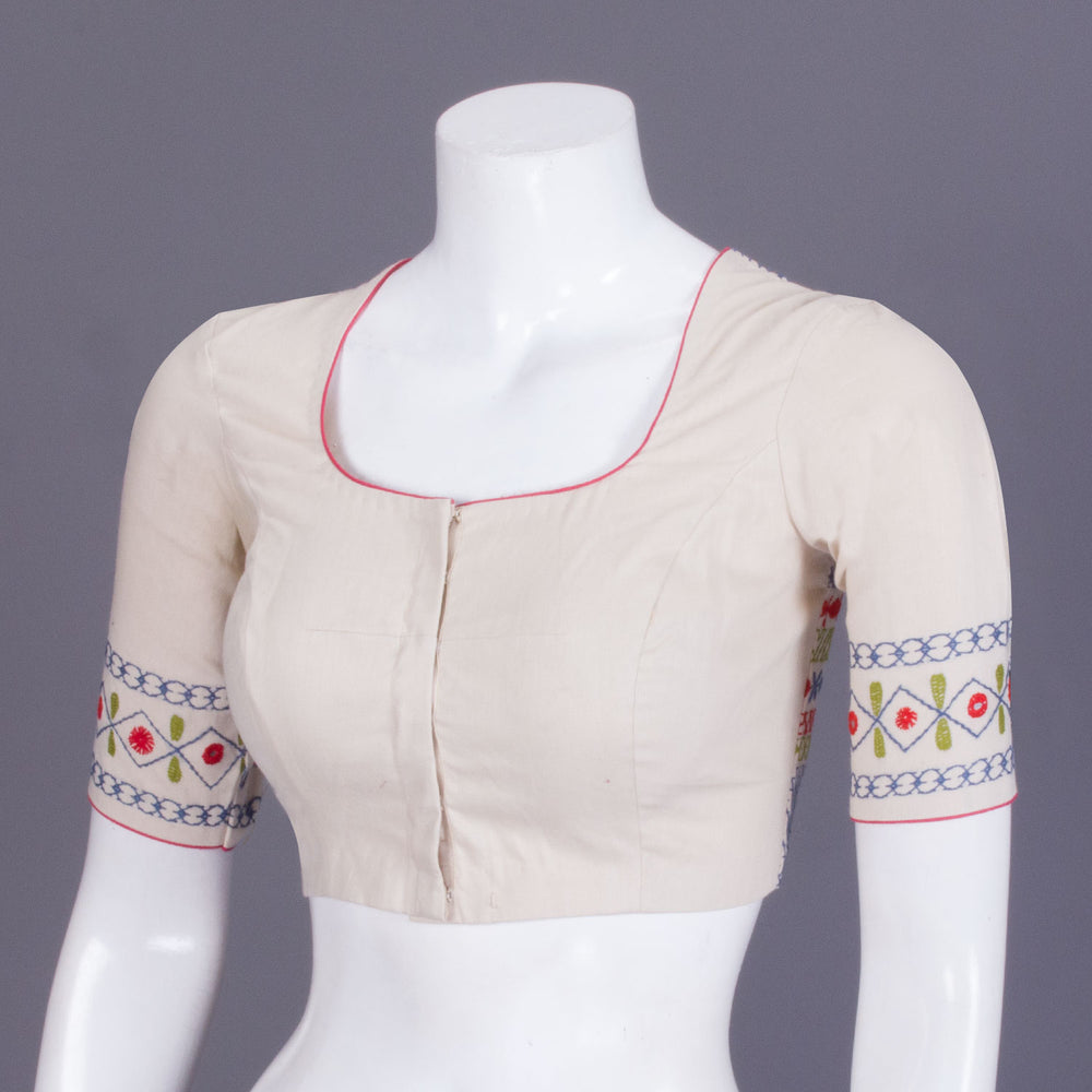 Cream Hand Embroidered Mirror Work Cotton Blouse - Avishya