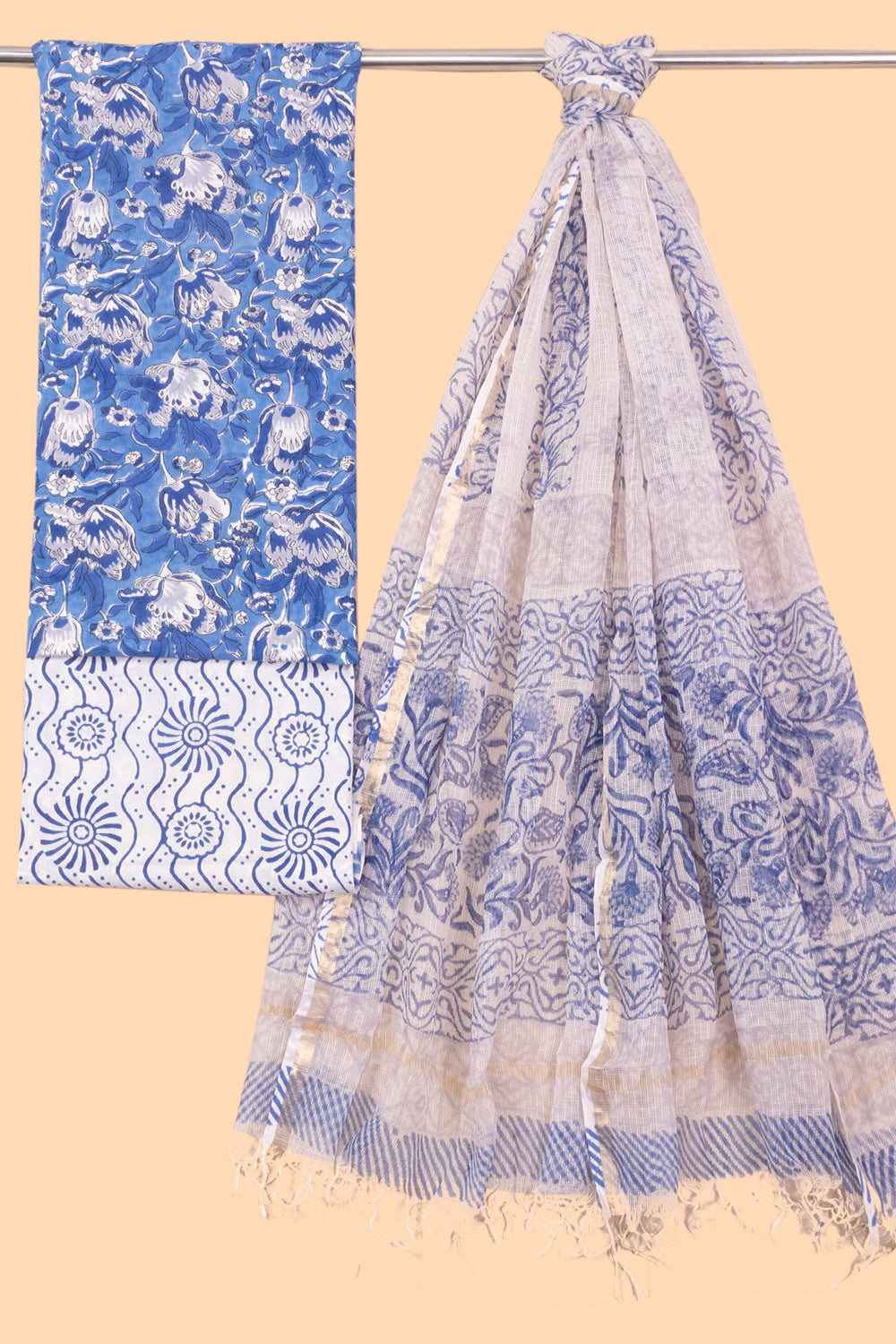 Sapphire Blue 3-Piece Mulmul Cotton Salwar Suit Material With Kota Dupatta 