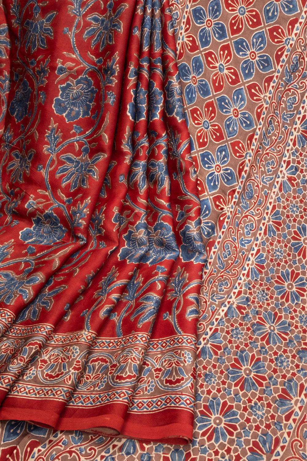 Red Ajrakh Printed Modal Silk Saree - Avishya