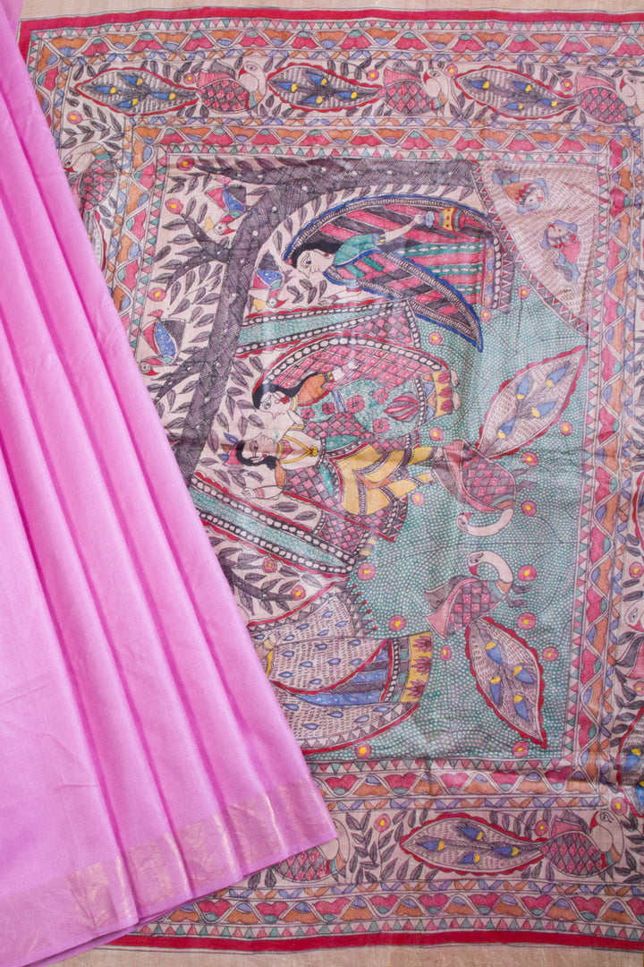 Pink Hand Painted Staple Silk Madhubani Saree With Tussar Pallu 10068444 - Avishya