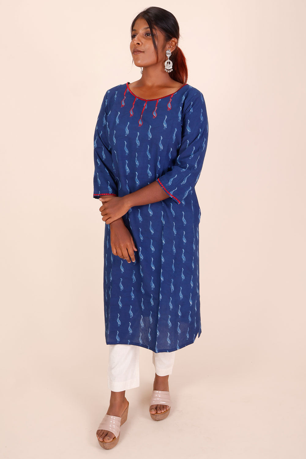 Indigo Dyed & Embroidered Dabu Printed Cotton Kurta 10068987 - Avishya