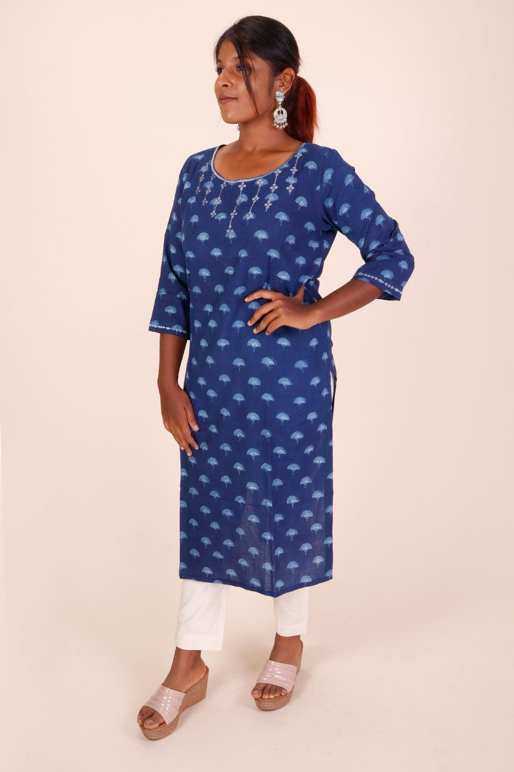 Indigo Dyed & Embroidered Dabu Printed Cotton Kurta 10068988 - Avishya