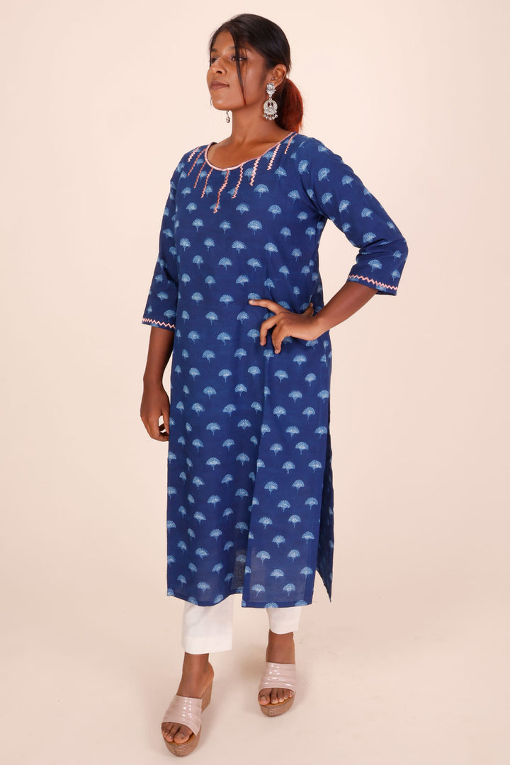 Indigo Dyed & Embroidered Dabu Printed Cotton Kurta 10068989 - Avishya