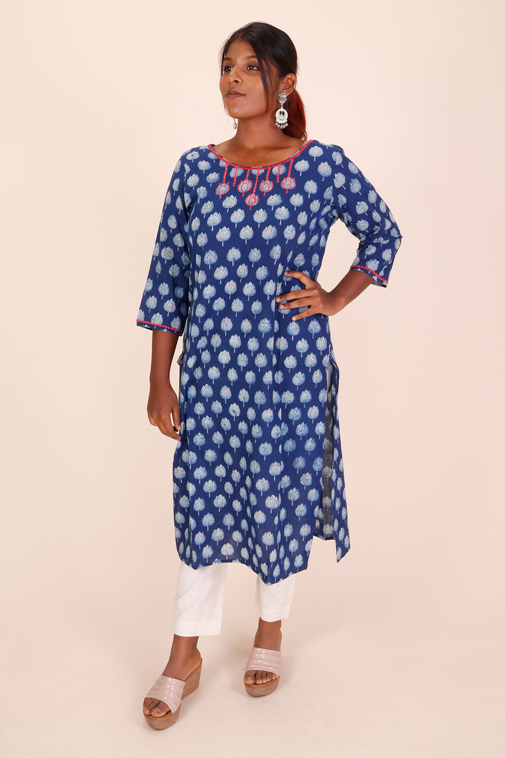 Indigo Dyed & Embroidered Dabu Printed Cotton Kurta 10068992 - Avishya