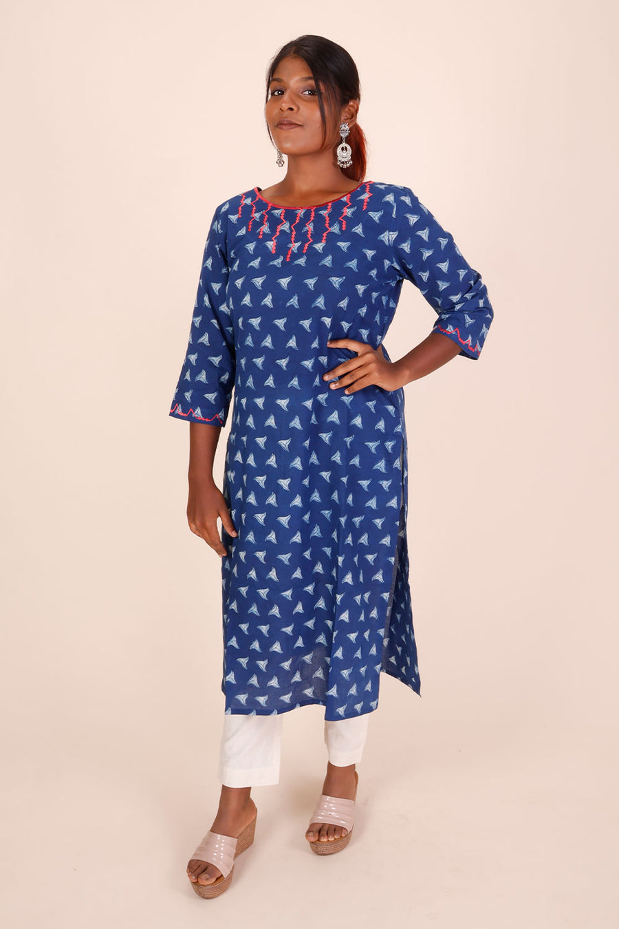 Indigo Dyed & Embroidered Dabu Printed Cotton Kurta 10068994 - Avishya