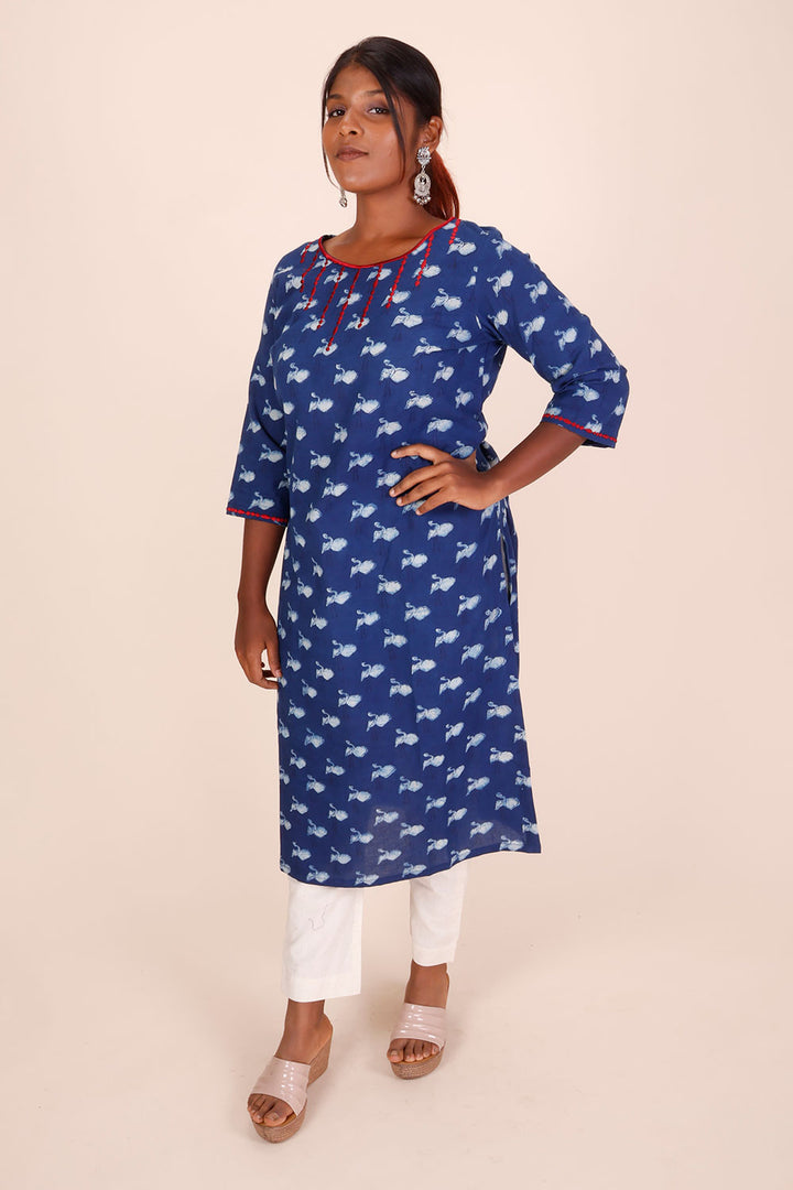 Indigo Dyed & Embroidered Dabu Printed Cotton Kurta 10068997 - Avishya