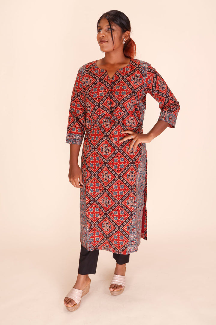 Maroon Ajrakh Printed Cotton Kurta 10069404 - Avishya