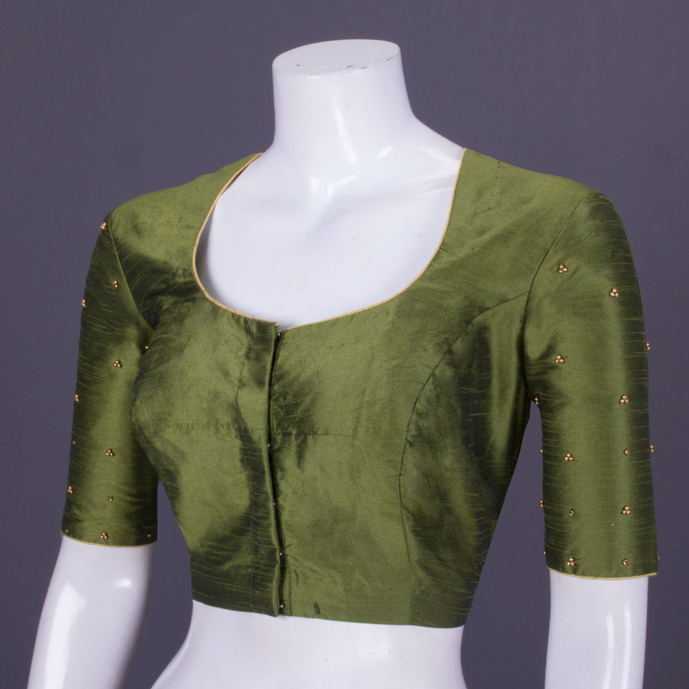 Green Aari Embroidered Raw Silk Blouse 10069595 - Avishya