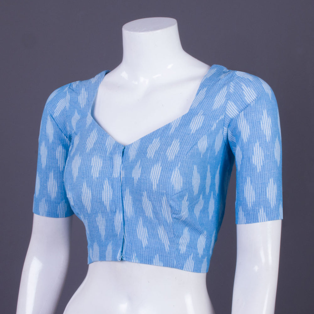 Blue Handcrafted Ikat Cotton Blouse Without Lining 10069951 - Avishya