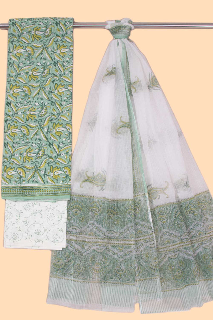 Green 3-Piece Mulmul Cotton Salwar Suit Material With Kota Dupatta 10070094