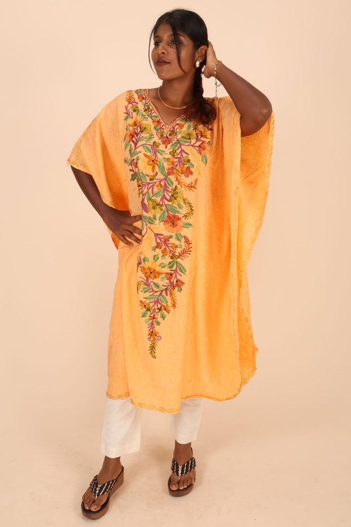 Tuscan Yellow Sozni Embroidered Cotton Kaftan 10070454