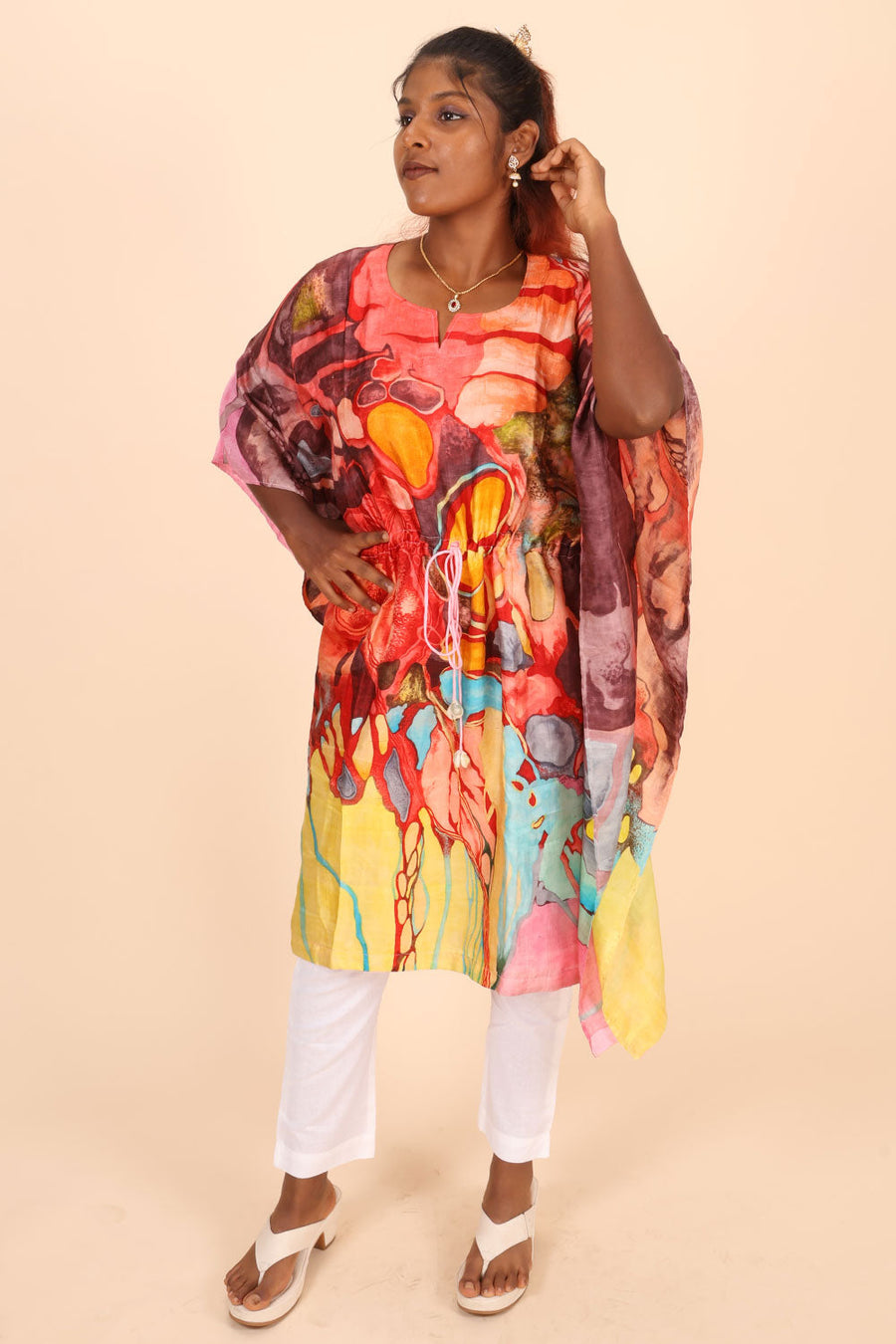 Multicolor  Hand Painted Mulberry Silk Kaftan 10070470