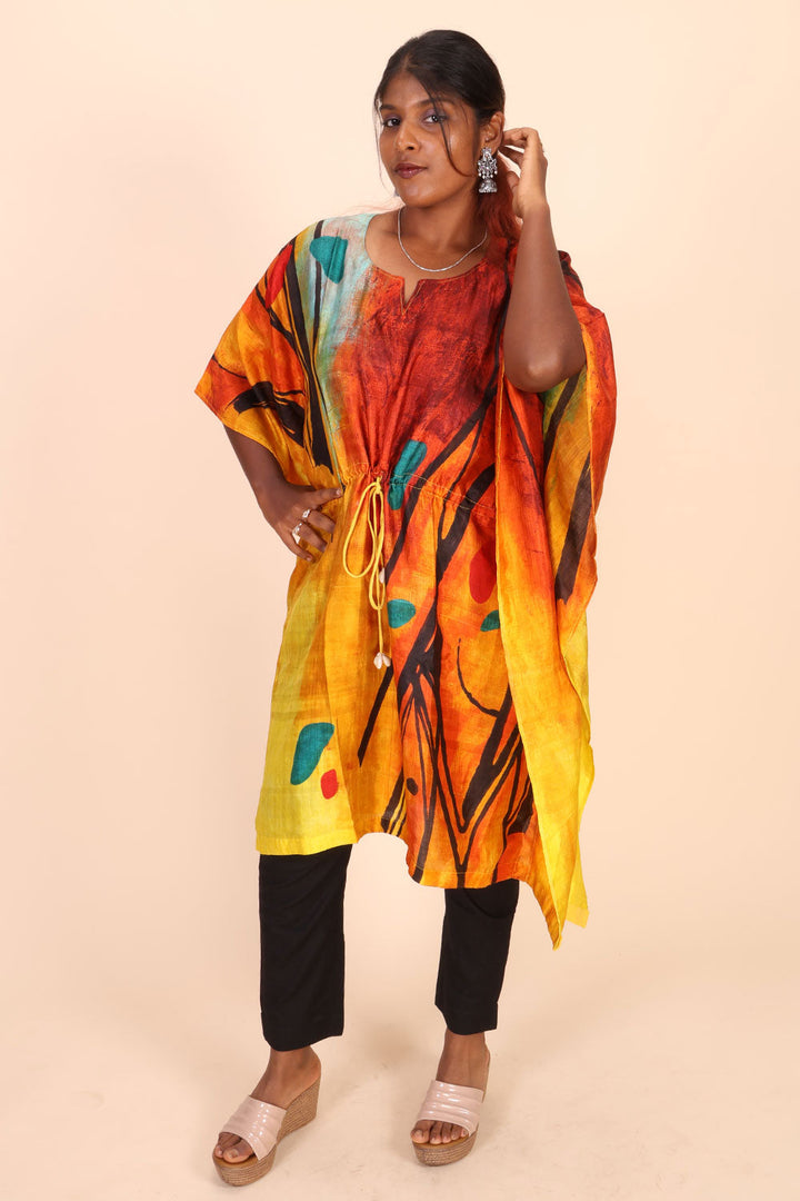 Multicolour Hand Painted Mulberry Silk Kaftan 10070471