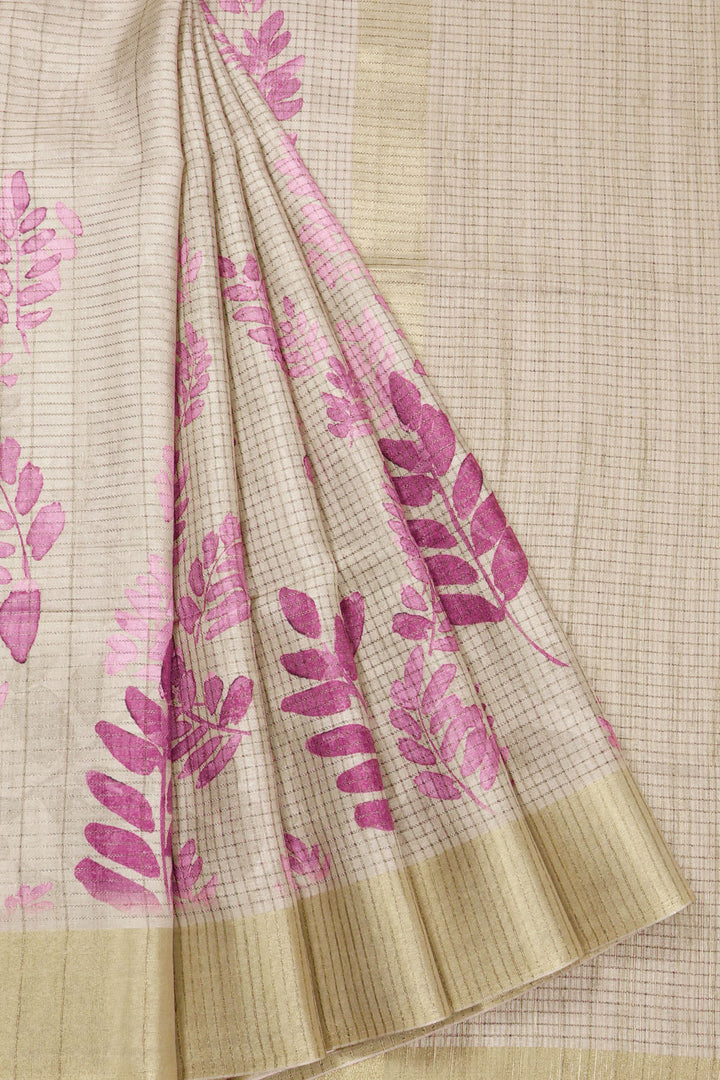 Beige Printed Tussar Silk Saree