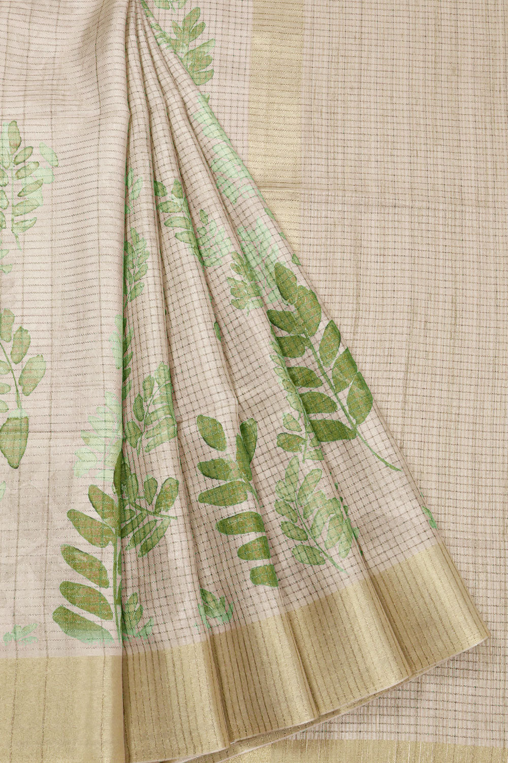 Beige Printed Tussar Silk Saree