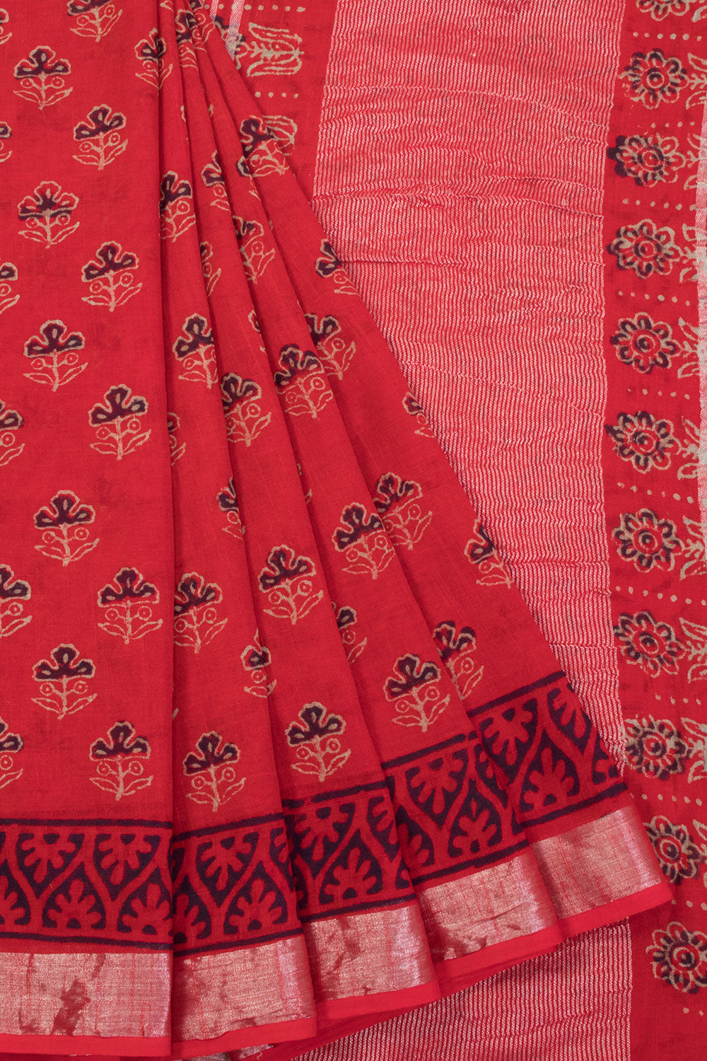 Red Hand Block Printed linen saree 10070874