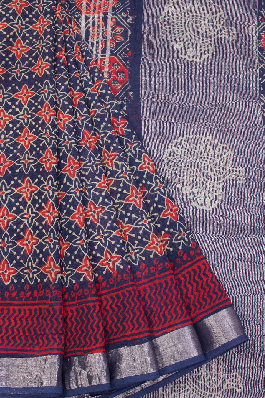 Blue Hand Block Printed linen saree - Avishya 10070882