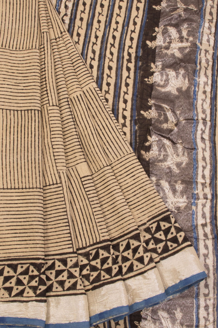 Beige Hand Block Printed linen saree