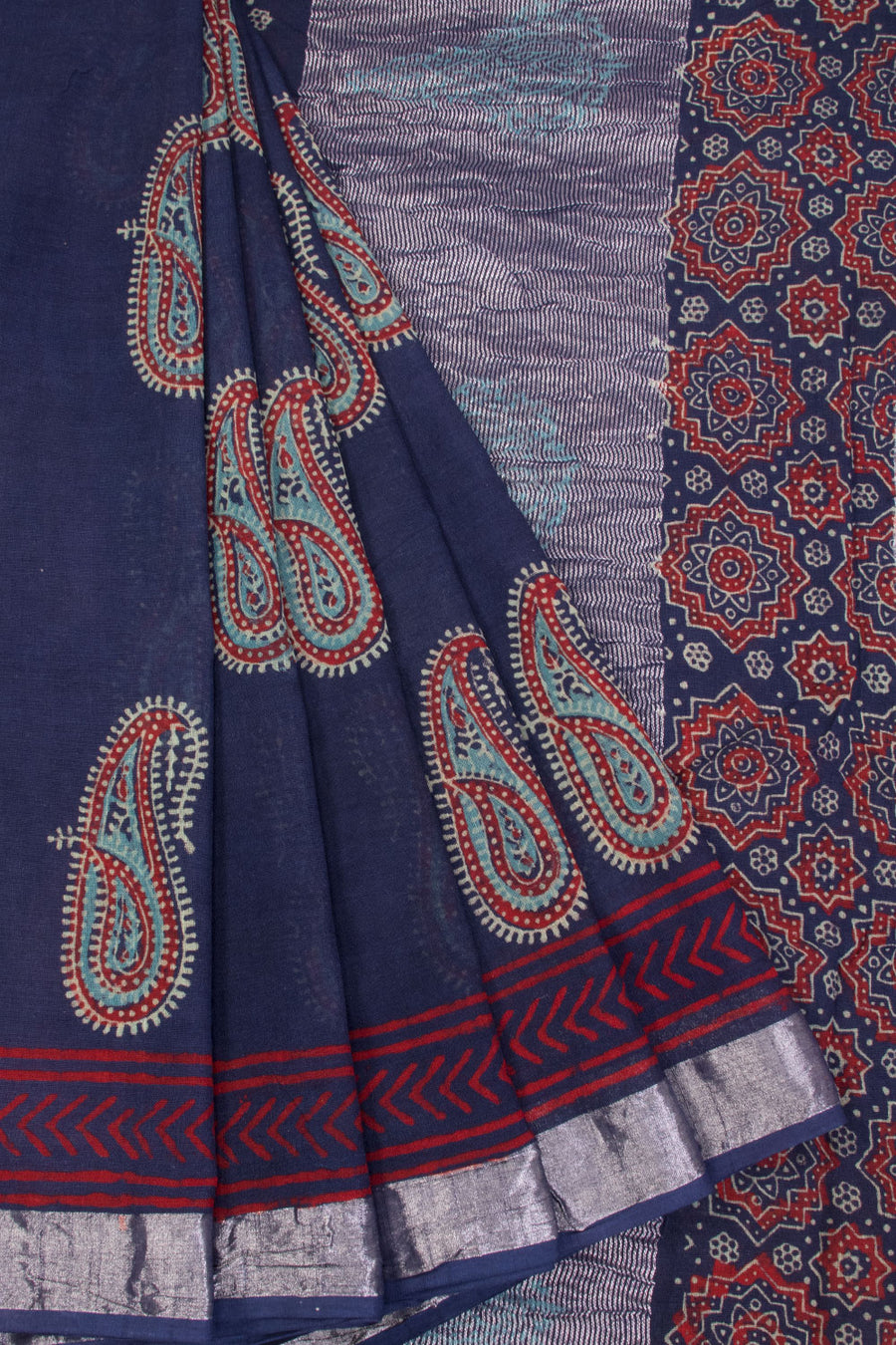 Blue Hand Block Printed linen saree