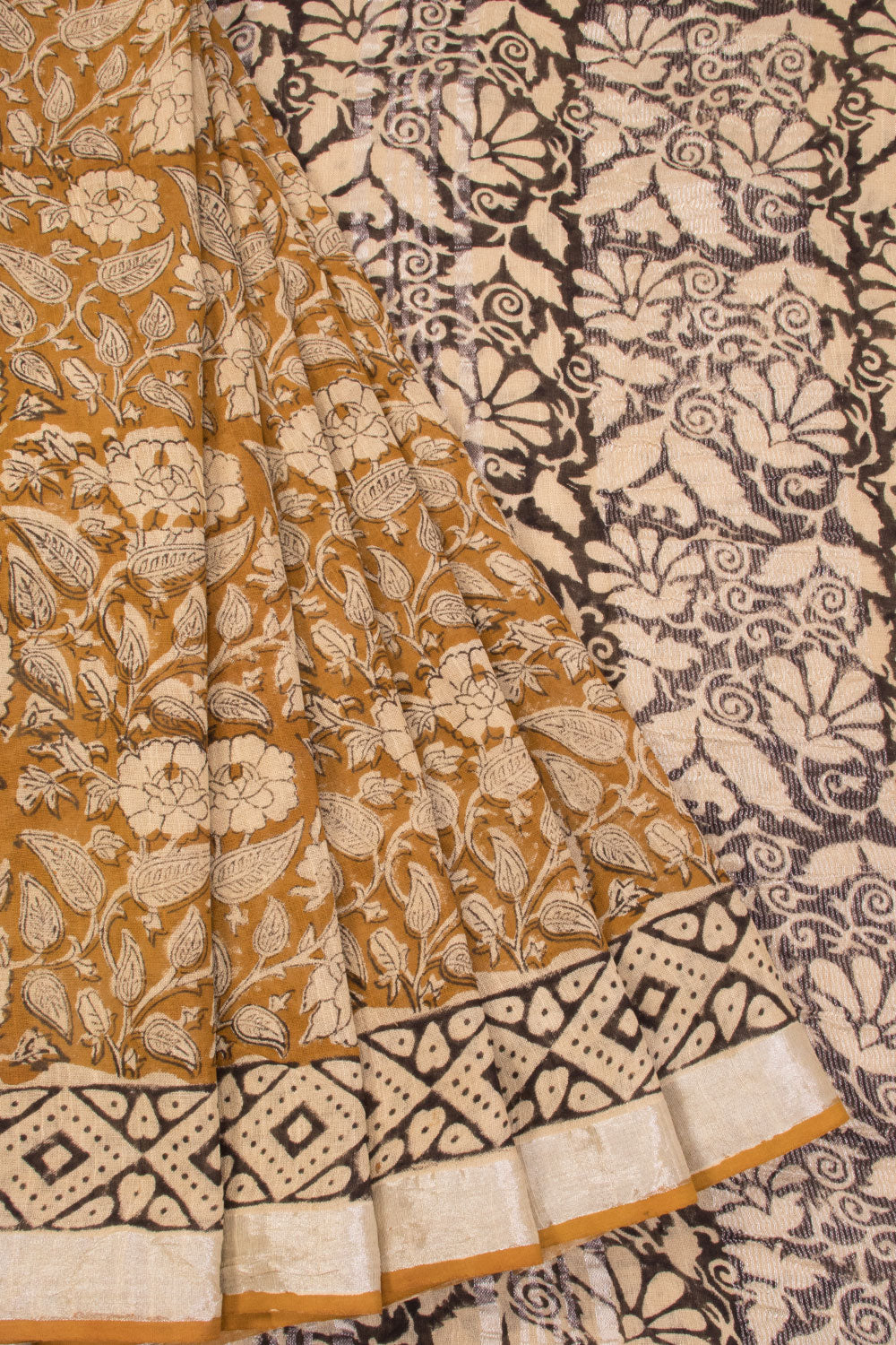 Yellow Hand Block Printed linen saree