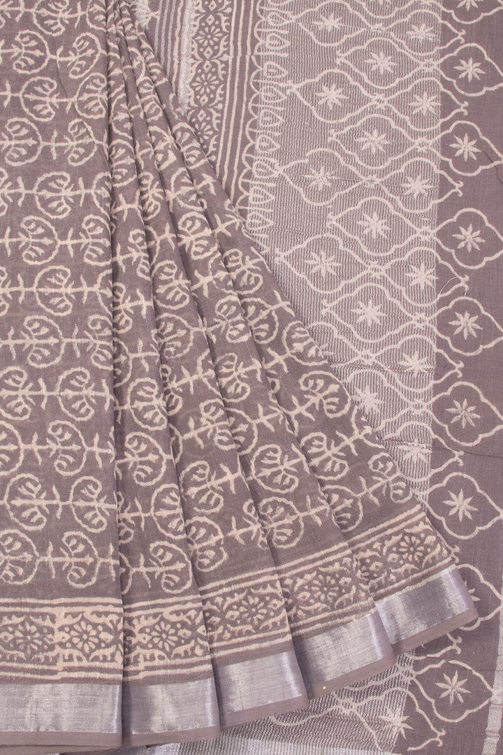 Brown Hand Block Printed linen saree