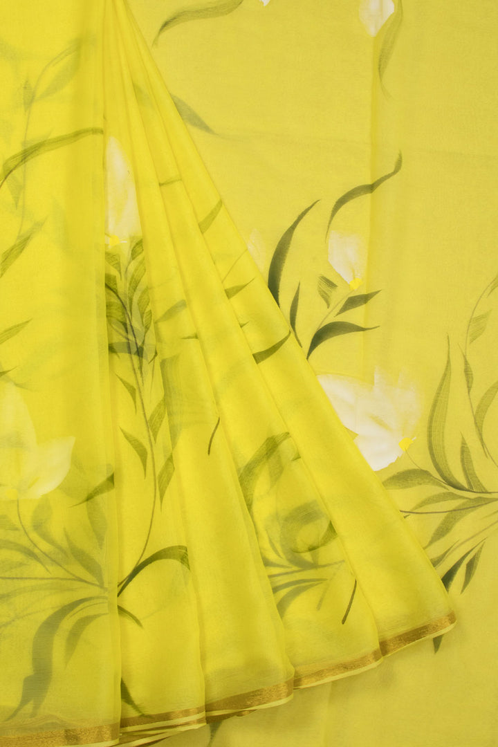 Yellow Hand painted Chiffon saree 10070957