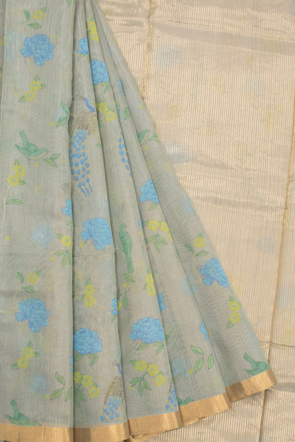 Sage Green Handloom Printed Chanderi Silk Cotton Saree