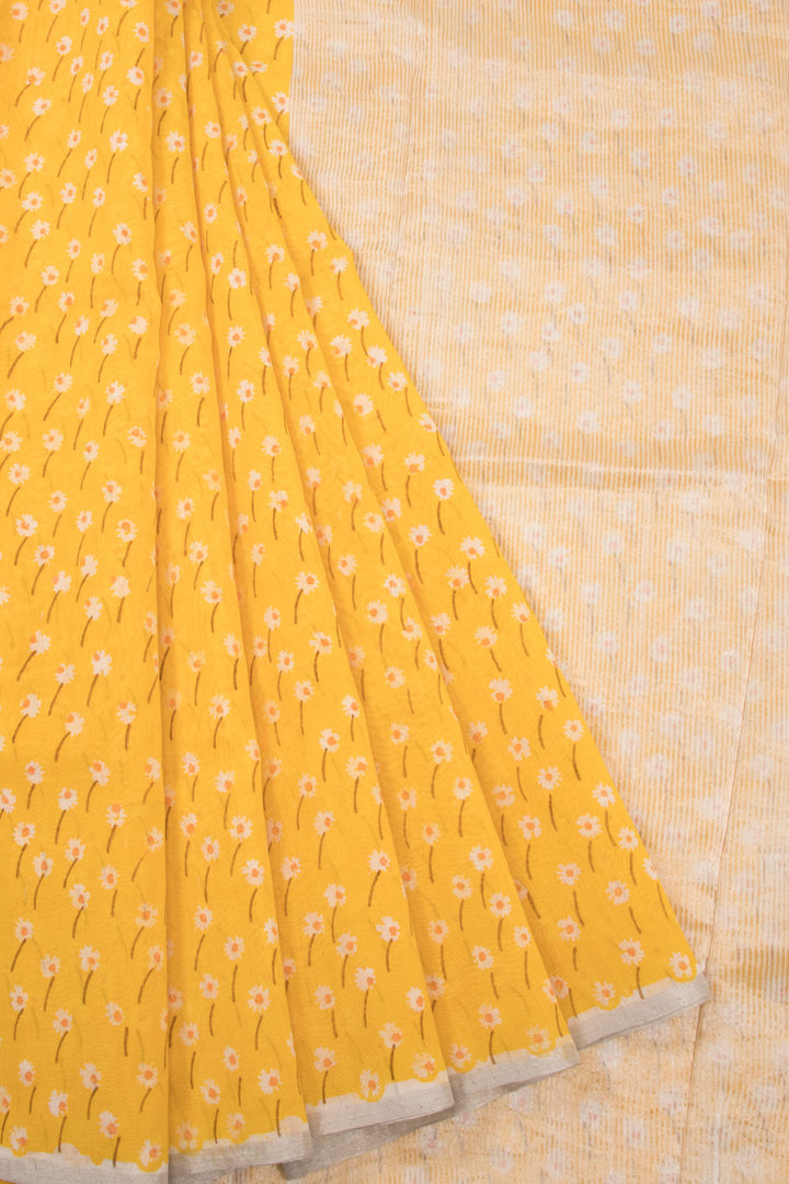 Yellow Handloom Printed Chanderi Silk Cotton Saree