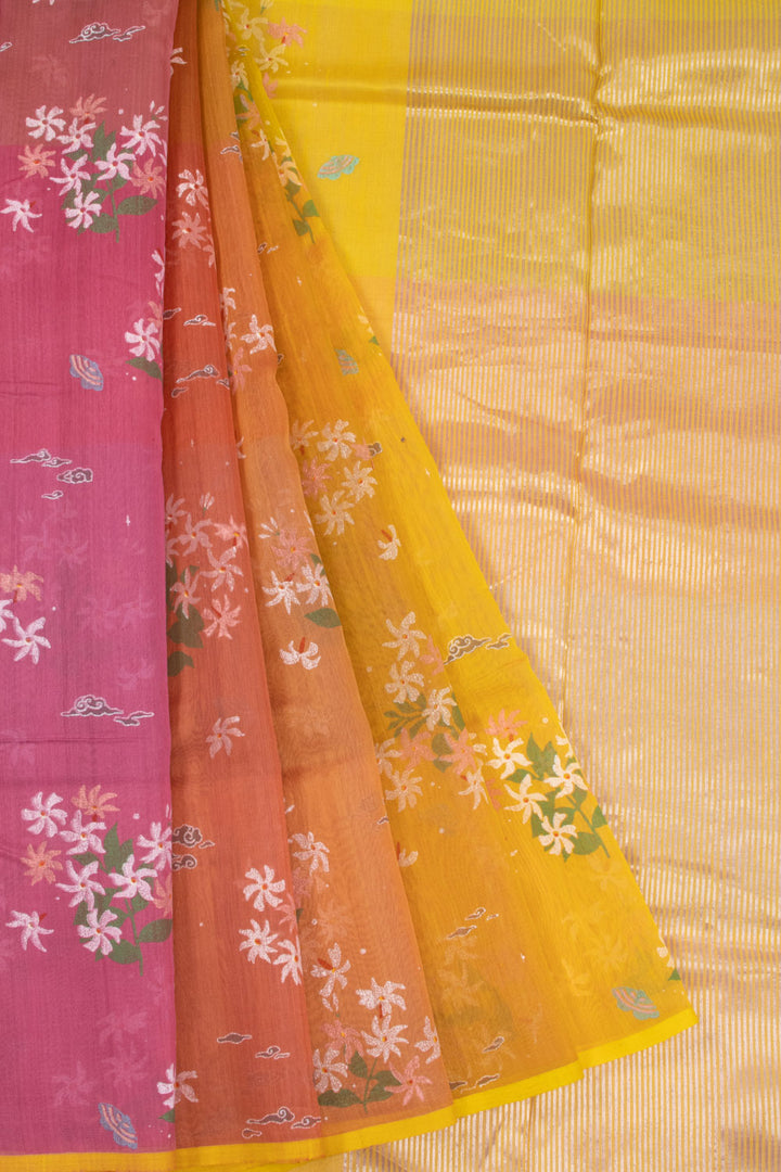  Yellow Handloom Printed Chanderi Silk Cotton Saree